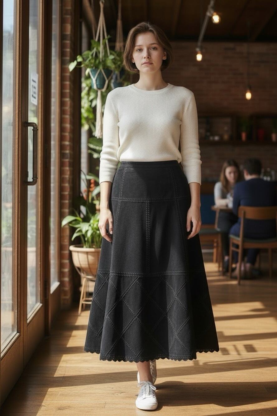 SMH Women's 24W Patchwork Suede Maxi Skirt Western Cowgirl Boho Black